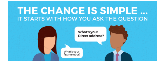 A woman asking "What's your fax address?" and a man responding "What's your Direct address?" indicating how Direct is a replacement for fax